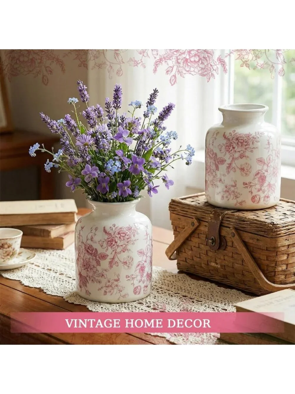 Large Pink Vintage Floral Vase - Retro Rustic Ice Cracked Ceramic Home Decor